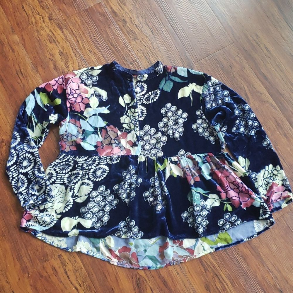 Johnny Was Blue Floral Blouse Size XXS Sierra Burnout Velvet Silk Darlyn Boho